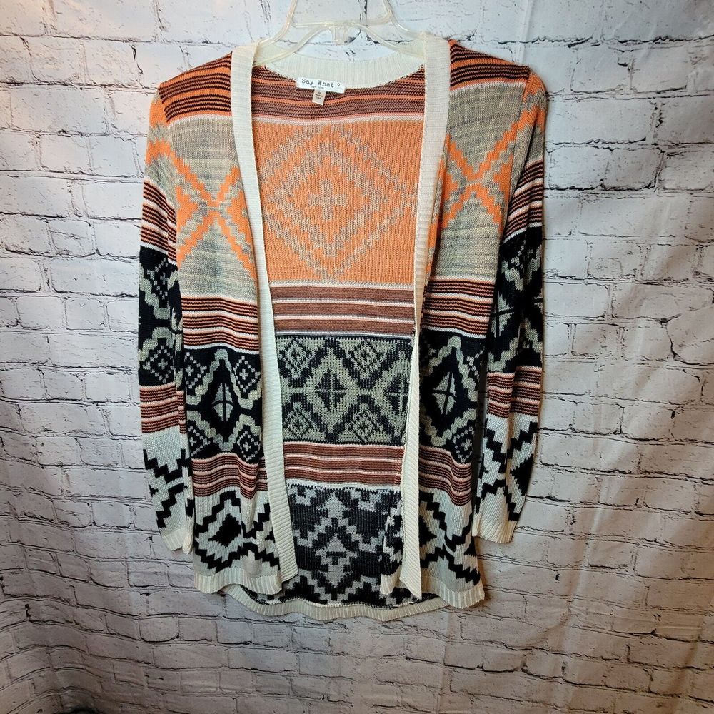Say What? Cardigan‎ Womens Medium Orange Black Excellent Geometric Southwestern